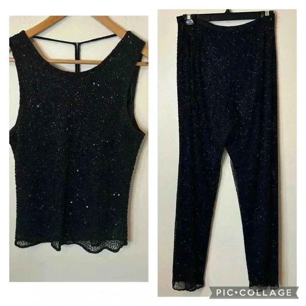 Vintage Beaded Sequin Pants and Tank Set Brilliante and Scala Size M